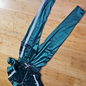 Green Satin Track Jacket With Pants  w White Stripes